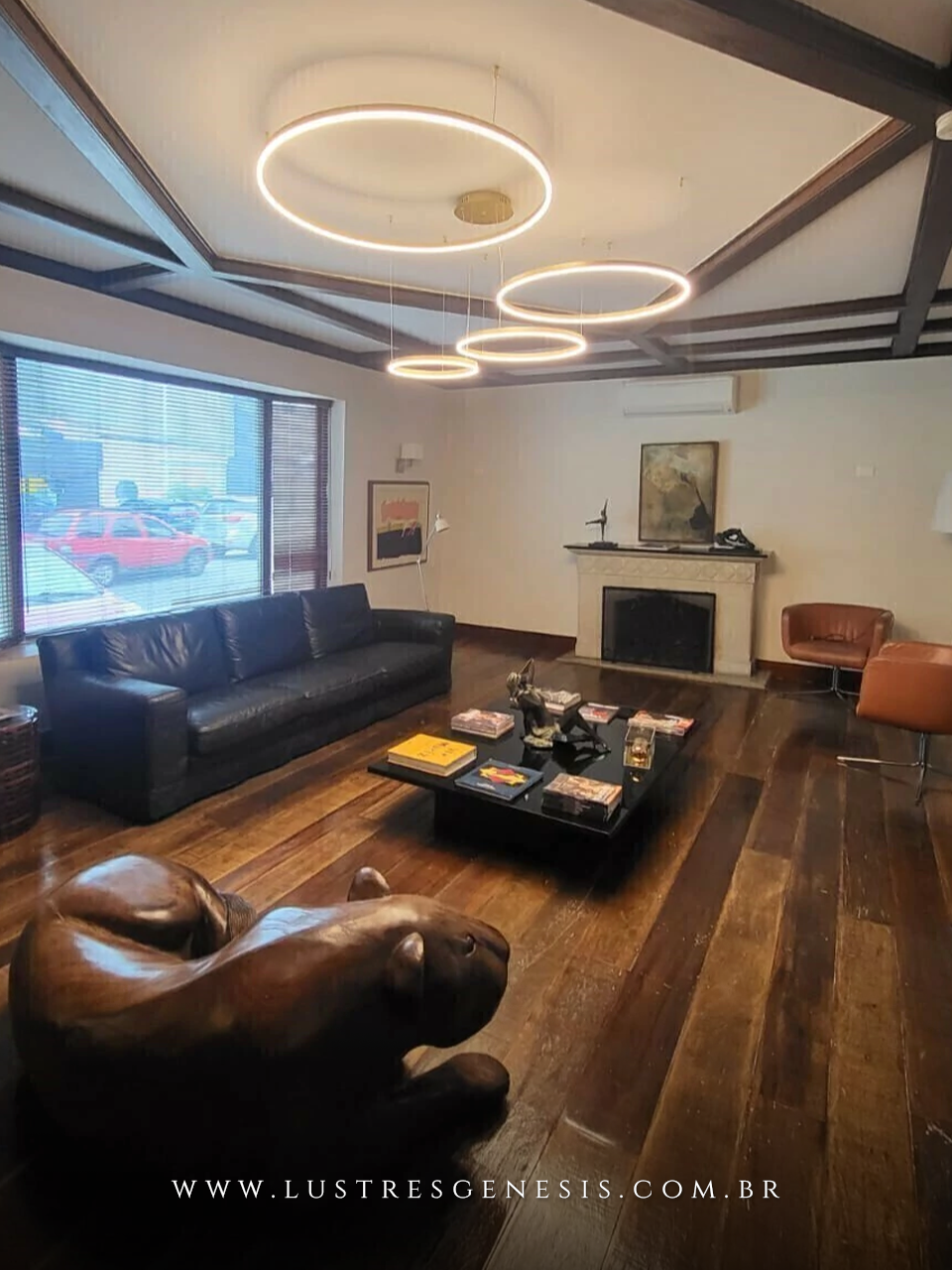 Lustre pendente 4 Rings Alianças douradas, design moderno em LED, para sala de jantar e estar. Lustres Gênesis loja online de Lustres e Iluminação Decorativa